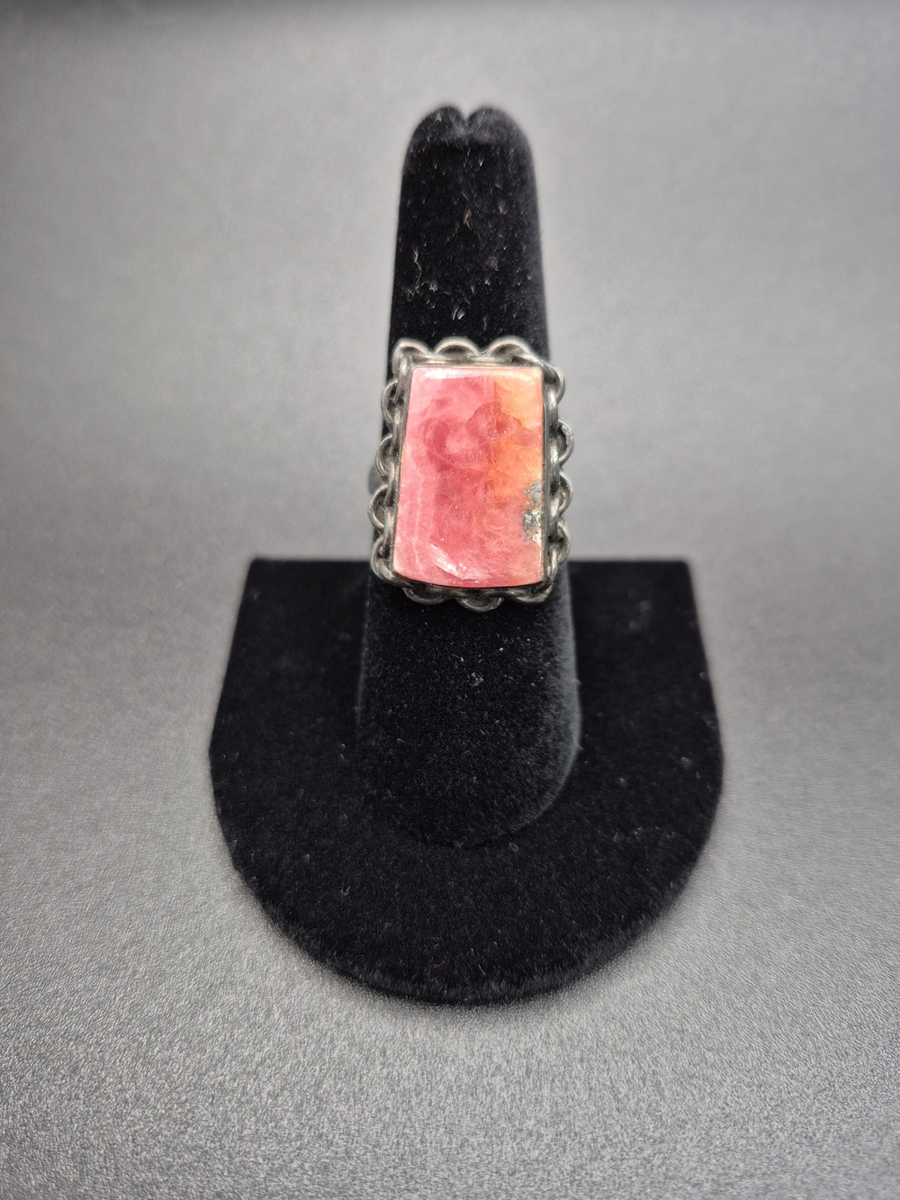 Handcrafted Rectangular Pink Stone Silver Scallop Ring